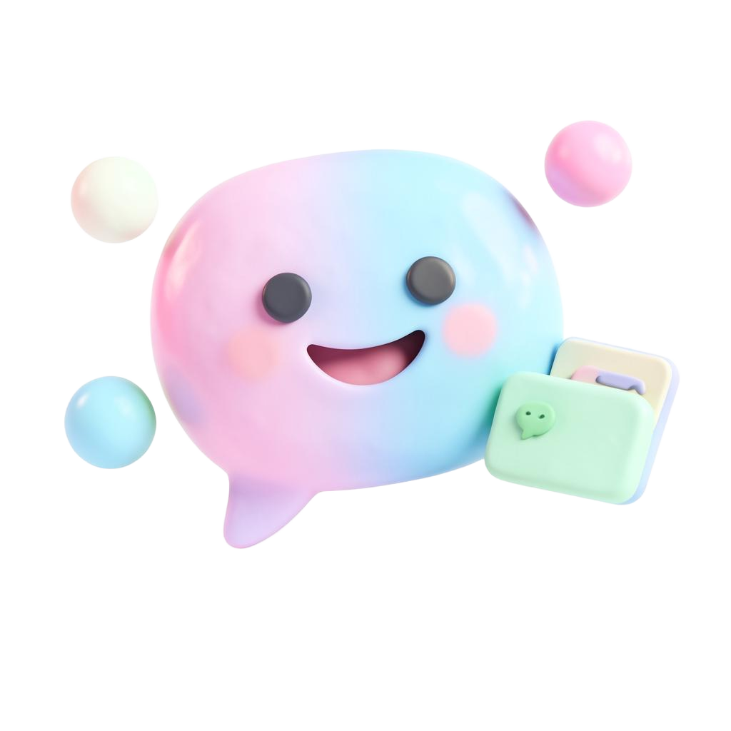 3D illustrated smiling speech bubble surrounded by pastel spheres